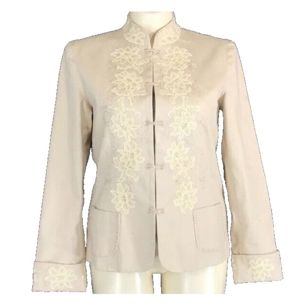 Coldwater Creek Jacket LARGE Beige Cream Embellish Lace Pocket Dressy Blazer LN